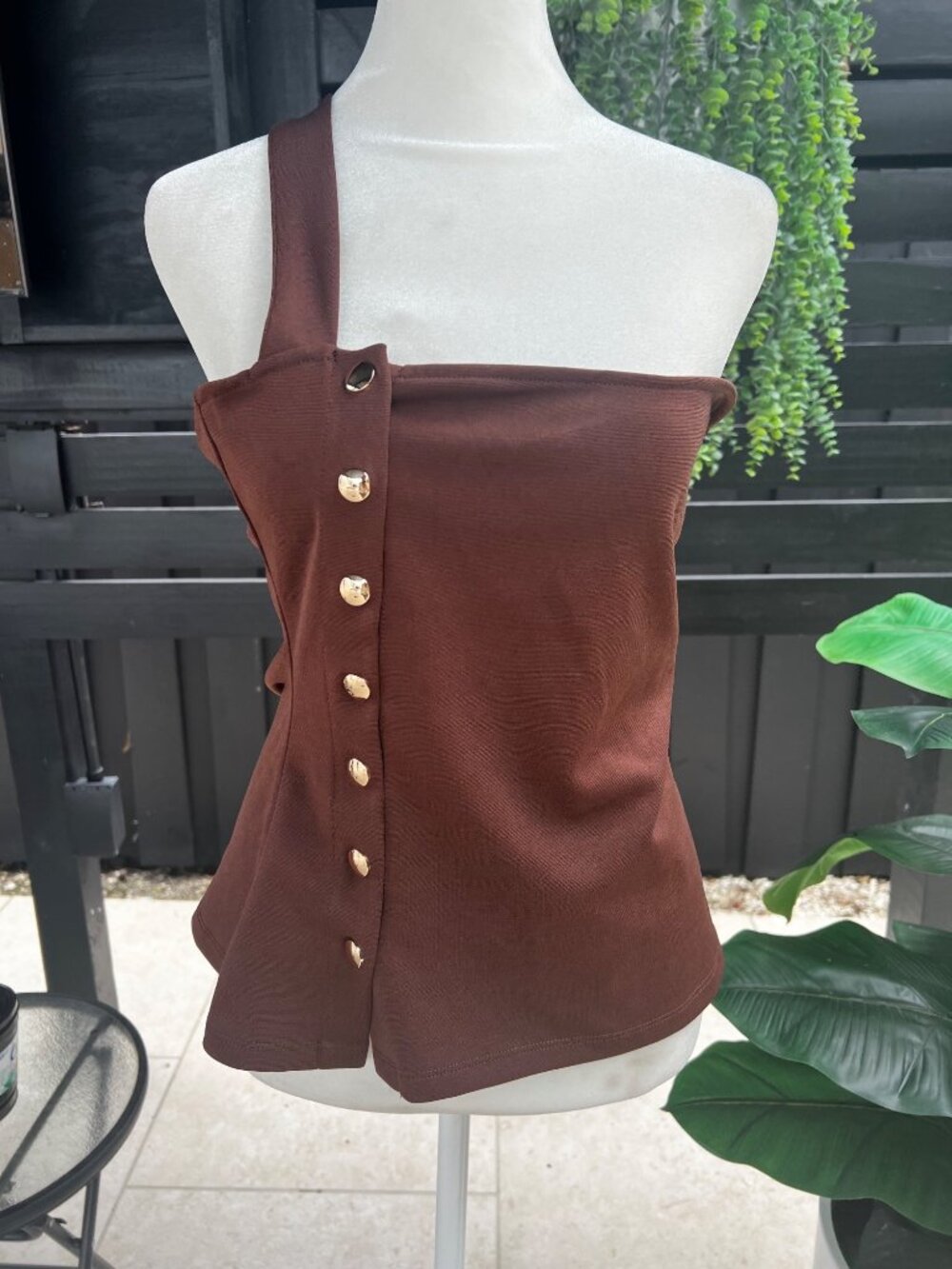 NWT Fashion Nova Brown Stretchy one-shoulder strap button up MEDIUM